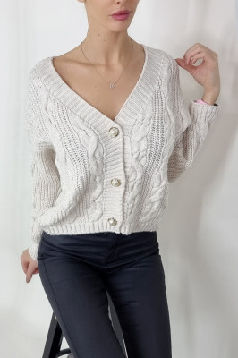 Cardigan tricotat Merveille cu nasturi in fata, Crem