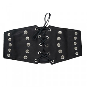 Centura corset Glam neagra, lata, din piele ecologica, elastica, cu snururi si capse