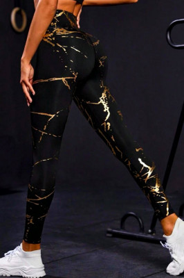 Colanti fitness Metallic Gold, cu banda lata modelatoare si imprimeu auriu 3