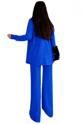 Compleu casual Aleksa, din trei piese, cu top, camasa si pantaloni evazati, Albastru 3