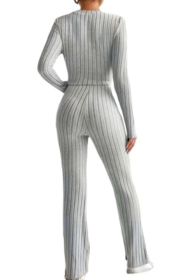 Compleu casual cu aspect impletit Wayana, bluza cu maneca lunga si pantaloni strech, Gri