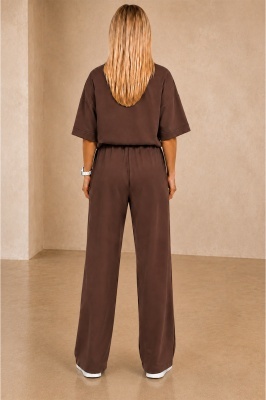 Compleu casual, doua piese Solenne, cu detaliu floral si cristale, Maro Ciocolata, Marime S/M/L detaliu spate