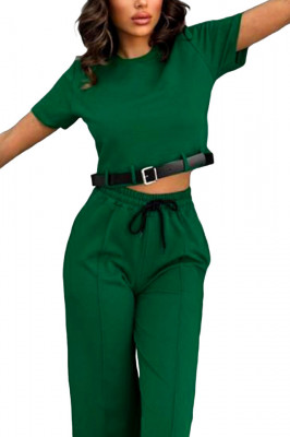 Compleu casual Kaliana, cu tricou scurt, curea si pantaloni cu nervura, Verde 3