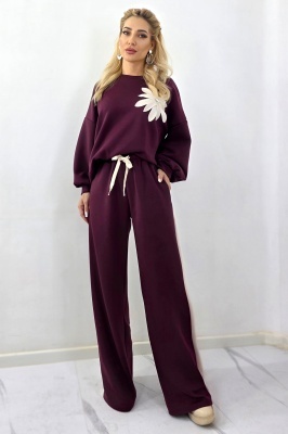Compleu casual KEORA, bluza cu tipar oversize si pantaloni largi, Burgundy, Marime S/M/L