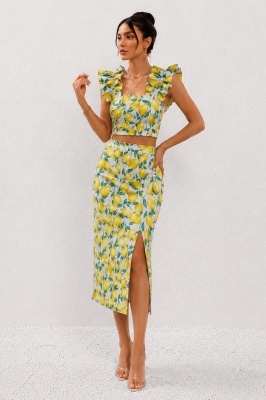 Compleu casual lemon ORLINEA fusta si top crop cu volane, Galben LIME
