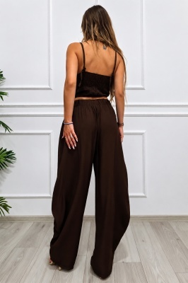 Compleu casual Maelle, cu top reglabil si pantaloni balloon, Maro Ciocolata detaliu spate