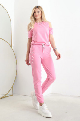 Compleu cu perle Jupiter, pantaloni si bluza cu maneca scurta, Roz1