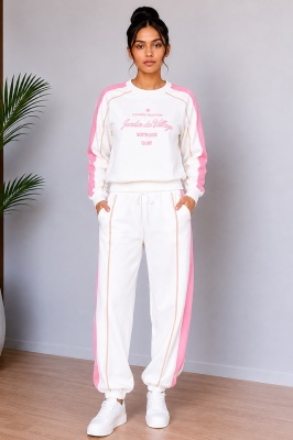 Compleu dama JARDIN, cu logo si print bicolor, ALB