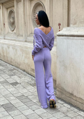 Compleu  dama Miana, tricotat cu bluza petrecuta si pantalon evazat, Lila1