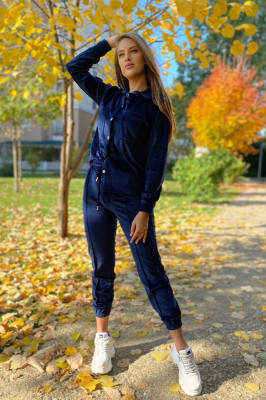 Compleu de catifea Aurora, pantaloni si camasa, Bleumarin, Marime S/M
