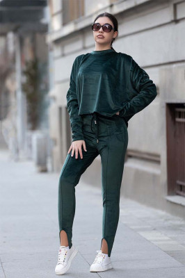 Compleu de catifea Beya - pantaloni cu banda sub talpa si bluza larga - Verde smarald