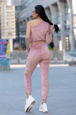 Compleu de catifea Mirabey pantaloni si bluza cu umar gol, Roz-fata