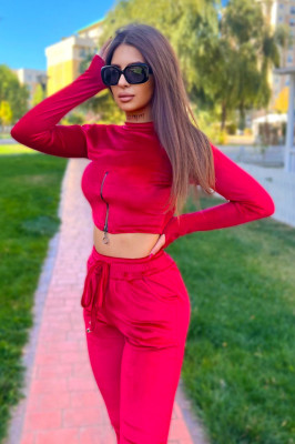 Compleu de catifea Paula, pantaloni si bluza pe gat cu fermoar, Rosu, Marime S/M 1