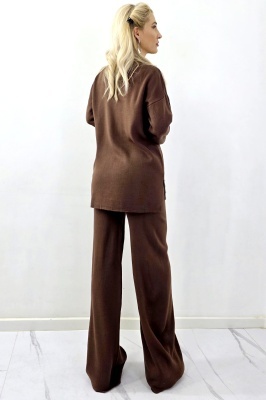 Compleu dungi centrate, ELETRA, pantaloni cu buzunare si bluza lunga, Maro, Marime M/L
