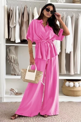 Compleu lejer de vara AZMIRA, camasa kimono si pantaloni palazzo, ROZ, Marime S/M/L