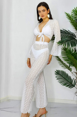 Compleu transparent YNE, cu pantaloni lungi si camasa cu legare in talie, Alb1
