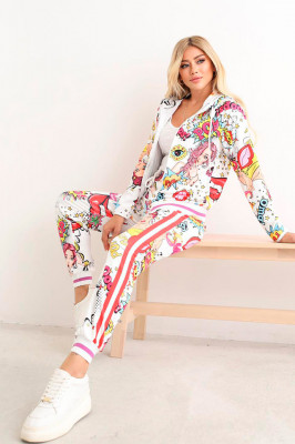 Compleu sport OMG, pantaloni si bluza cu fermoar si imprimeu retro, Alb1