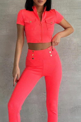 Compleu sport Walk, bluza scurta cu fermoar si pantaloni slim fit, Corai 1