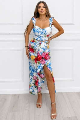 Compleu Summer Party, top cu volane si fusta cu imprimeu floral, Baby blue, Marime S/M