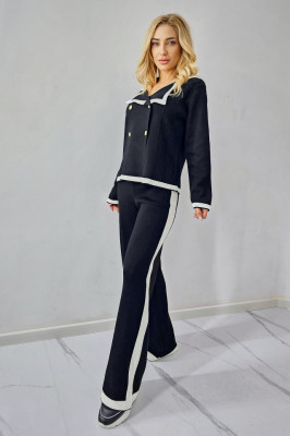 Compleu tricot bicolor Amiral, bluza cu butoni si pantaloni evazati, Negru, Marime S/M 1