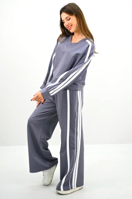 Compleu wide leg JAZEL, bluza cu anchior si imprimeu in dungi, Gri