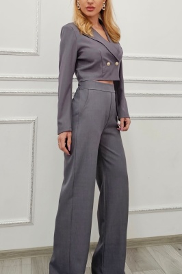 sacou cambrat scurt si pantaloni evazati gri antracit