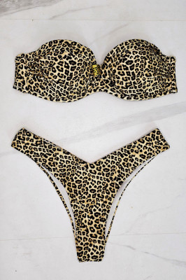 Costum de baie doua piese Lea, slip cu talia in V si sutien buretat, Animal print, Galben3