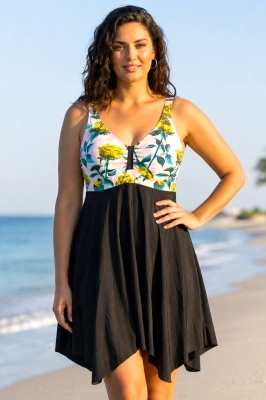 Costum de baie tankini ELARIS, cu bretele reglabile si boxeri, Marimi Mari - Batal, Yellow Roses