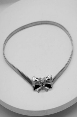 Curea metalica elastica Dania, catarama cu funda din pietre si inima, Argintiu