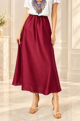 Fusta eleganta Penelope, cu textura satinata si croi lung, Visiniu, Marime S/M/L