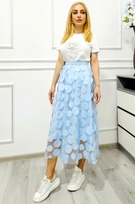 Fusta lunga eleganta Zefira, cu tull, aplicatii satinate si buline 3D, Albastru Baby Blue, Marime S/M
