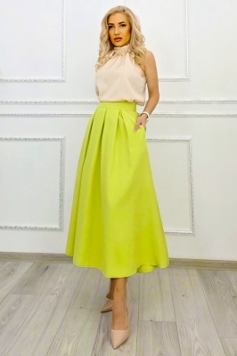 Fusta lunga evazata Mathilde, cu buzunare si pliuri, Verde Lime, Marime S/M/L