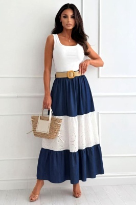 Fusta lunga in clos YNNA, cu broderie englezeasca si curea, Bleumarin, Marime S/M/L