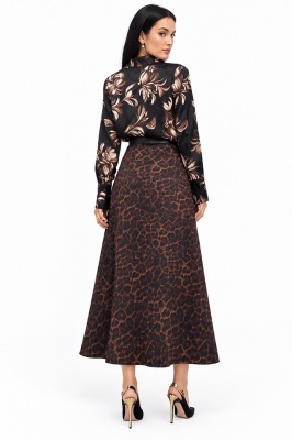 Fusta midi Chantaly, cu aspect catifelat si curea neagra, Maro Leopard, Marime S/M detaliu spate