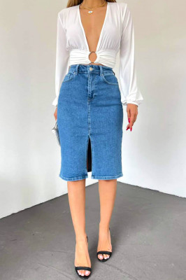 Fusta midi din denim, Tamera, cu buzunare fata/spate si crapatura frontala, Albastru