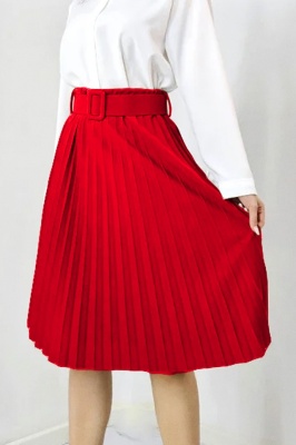 Fusta plisata eleganta Carmen, curea de aceeasi culoare inclusa, Rosu, Marime S/M 3