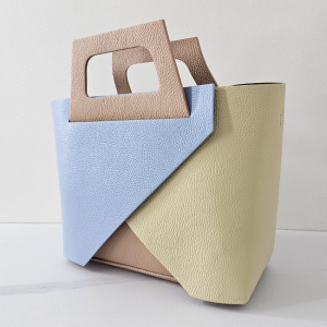 Geanta dama din piele naturala texturata Chest, cu borseta detasabila, Crem/Blue lateral