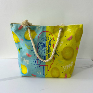 Geanta de plaja Nautic Holiday, cu imprimeu de vara si manere tip sfoara, Lemon Glow