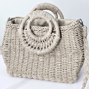 Geanta de plaja STRAW, crossbody, cu husa si lant detasabil, Crem 4