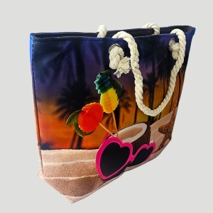 Geanta mare pentru plaja cu imprimeu de vara si manere tip sfoara, Nocturnal sunset 2