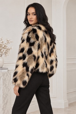 Haina animal print Ysolde din blana ecologica, cu interior satinat, ARAMIU, Marime S/M, detaliu spate