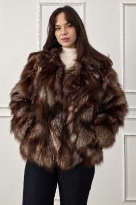 Haina dama FELYNA din blana naturala de vulpe, cu captuseala satinata, Negru-Maro, Marime universala S/M/L