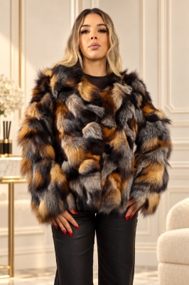 Haina de dama din blana naturala de vulpe FELYNA, croi mediu, Bej/Gri, Marime S/M/L