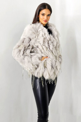 Haina eleganta Aylin, din blana naturala de vulpe, cu paiete asimetrice, Alb prafuit, Marime S/M/L 2