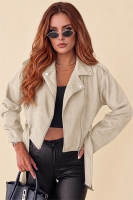 Jacheta dama ARIADNE, cu aspect de piele intoarsa, Alb prafuit, Marime S/M