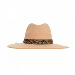 Palarie dama Vinch, panama, calota inalta, arcuita si banda cu imprimeu leopard, Crem 2