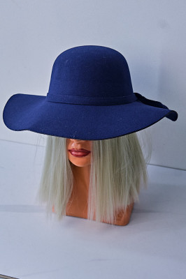 Palarie dama Vintage, cu bor lat si fundita, Bleumarin 2