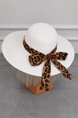 Palarie de plaja, pentru femei, ANGIE, cu boruri mari, ALB Animal print spate