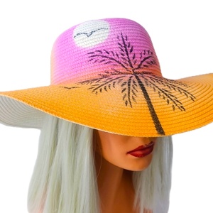 Palarie de soare SeaSide Style, cu imprimeu estival si bor lat, Roz/Portocaliu 1