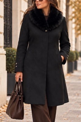 Palton office Yasmine, guler elegant si buzunare oblice, Negru